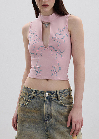 Black Hollow Out Embroidered Cotton Tank Sleeveless