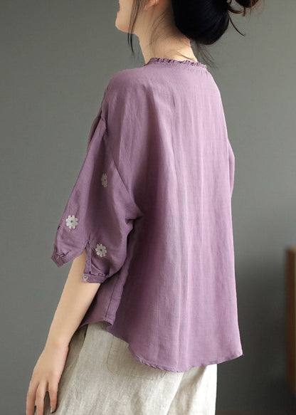 Purple O-neck Print Linen Top Summer
