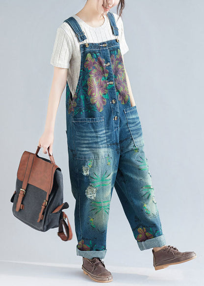 Blue Pockets Patchwork Print Denim Jumpsuit Spring