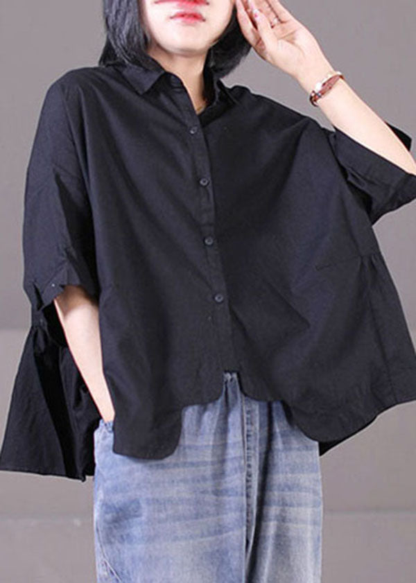 Khaki Peter Pan Collar Asymmetrical Design Patchwork Wrinkled Cotton Shirt Tops Short Sleeve