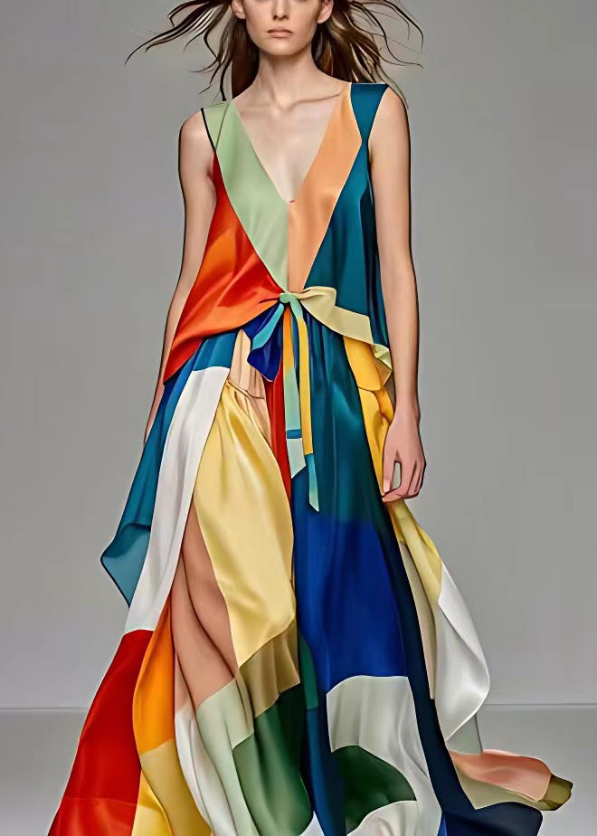 V Neck Lace Up Patchwork Silk Long Dresses Sleeveless (ships in 24hrs)