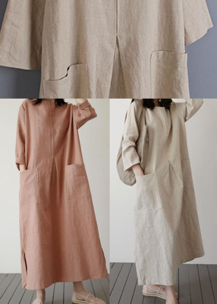 Brick Red Pockets Linen Long Dress Spring