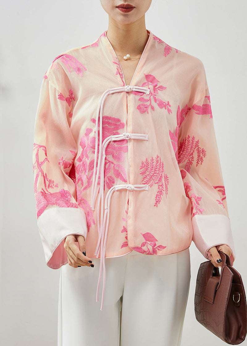 Apricot Embroideried Tasseled Silk Shirts Fall