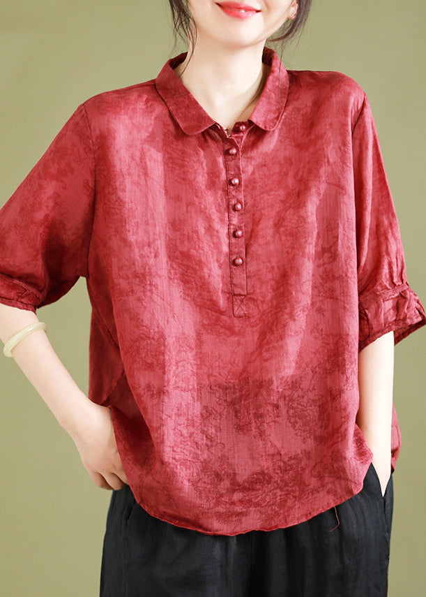 Red Peter Pan Collar Patchwork Button Linen Shirts Half Sleeve