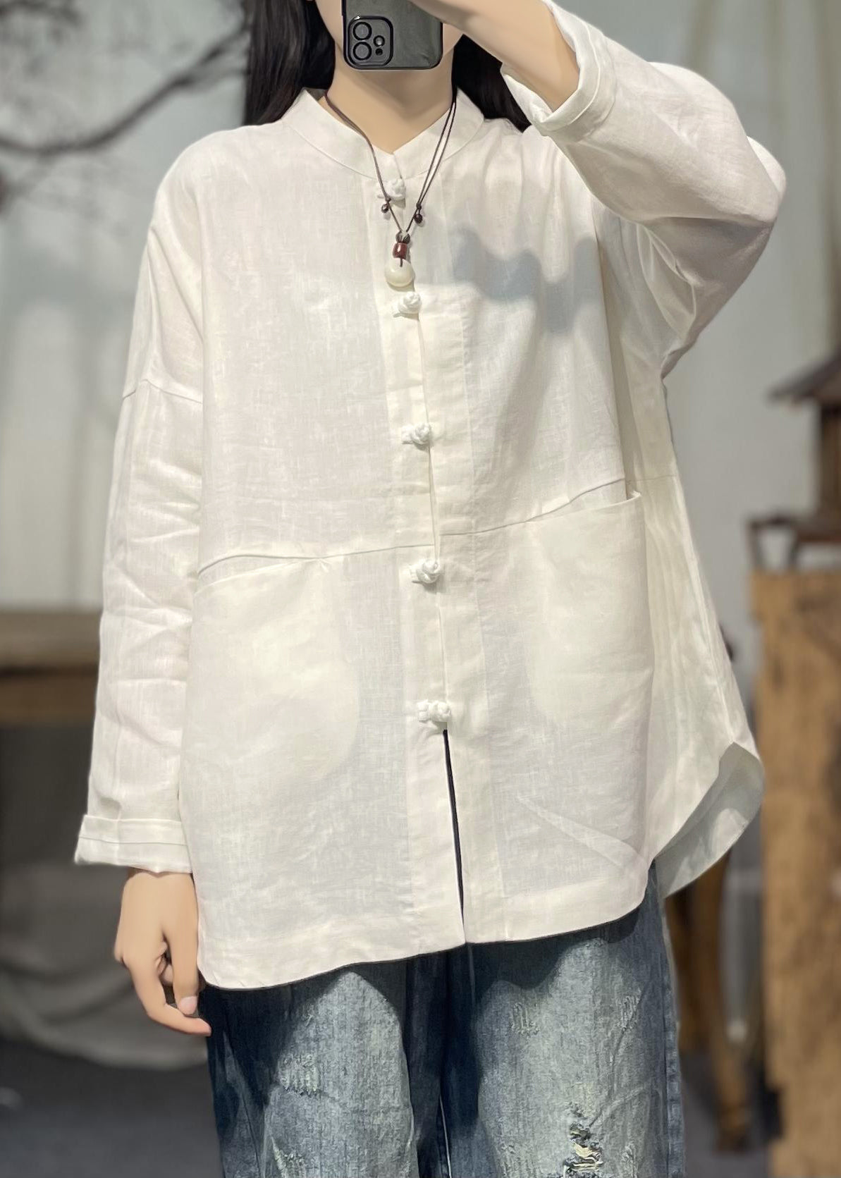 White Stand Collar Pockets Patchwork Linen Shirts Spring