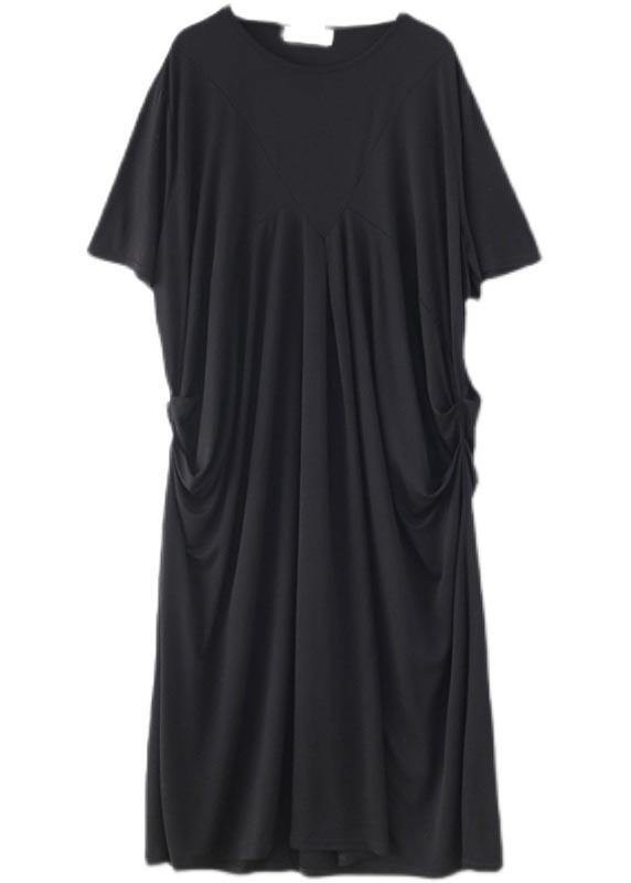 Art Black Cinched O-neck Summer Cotton Dress