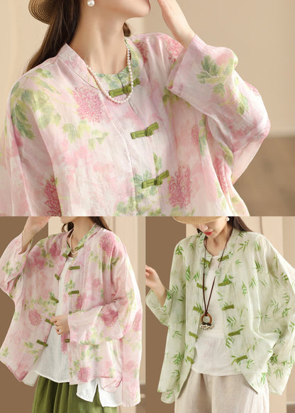 Pink Oversized Print Linen Oriental Shirt Top Summer