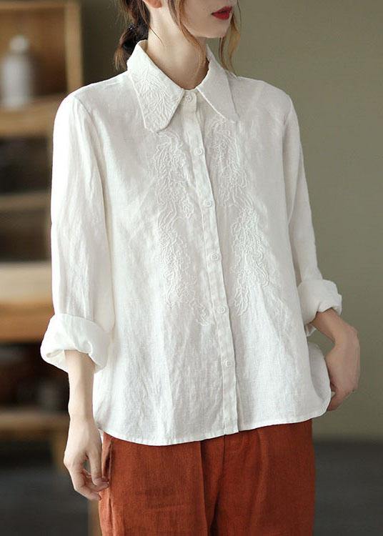 Organic White Loose Embroideried Fall Linen Long Sleeve Blouse Tops