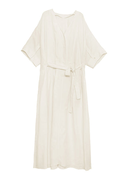 Organic White O Neck Lace Up Wrinkled Cotton Dress Summer
