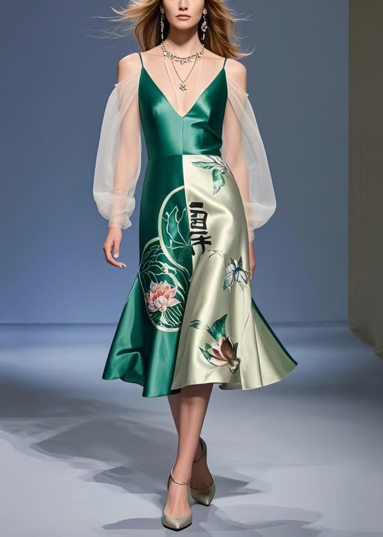 Modern Tea Green Cold Shoulder Patchwork Silk Mini Dress Summer