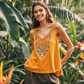 Women's Ethnic Floral Art Linen Sleeveless Tank Top artswardrobe