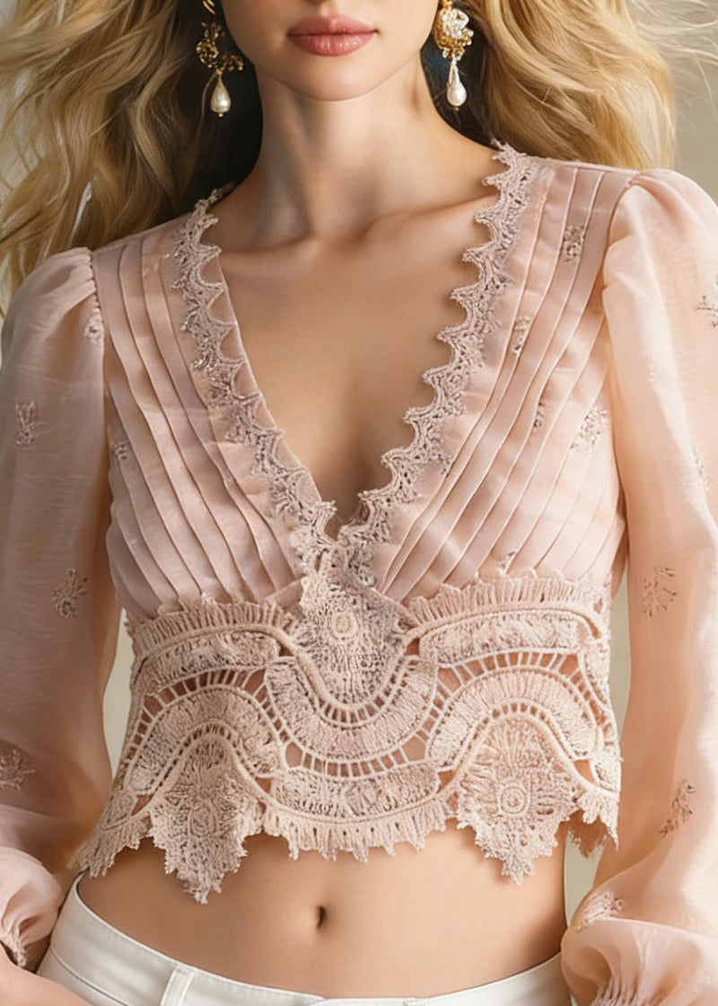 Pink Hollow Out Cotton Shirt Tops Embroidered Spring