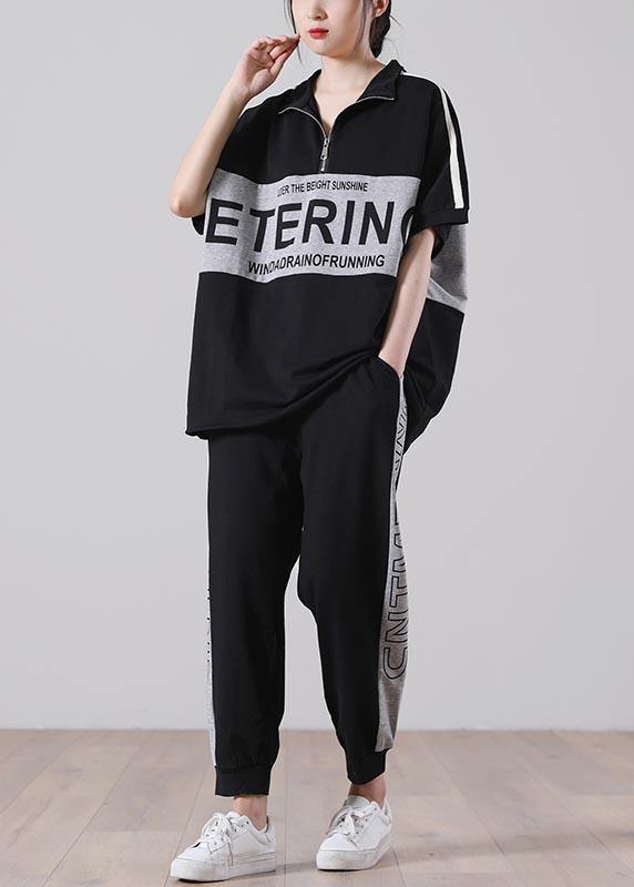 Unique Black Patchwork Cotton Summer Two Piece Set Clothing