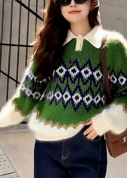 Green Oversized Print Thick Knitted Tops Spring