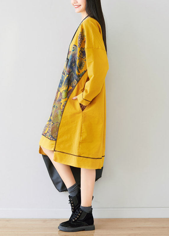Unique Yellow O-neck Asymmetrical Animal Print Dress Spring