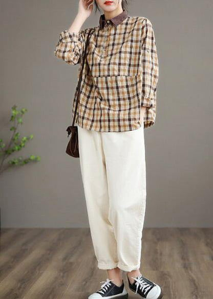 Lapel Patchwork Spring Shirts Fabrics Lighe Orange Plaid Blouses