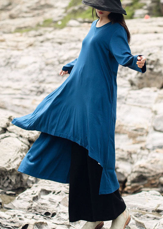 Simple Blue Asymmetrical Cotton Dress Spring