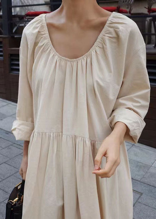 Apricot O Neck Wrinkled Patchwork Cotton Dresses Spring