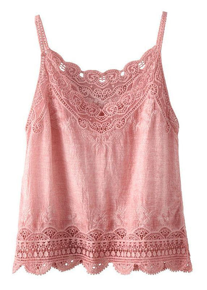 Pink Embroideried Lace Hollow Out Summer Cotton Vest Sleeveless