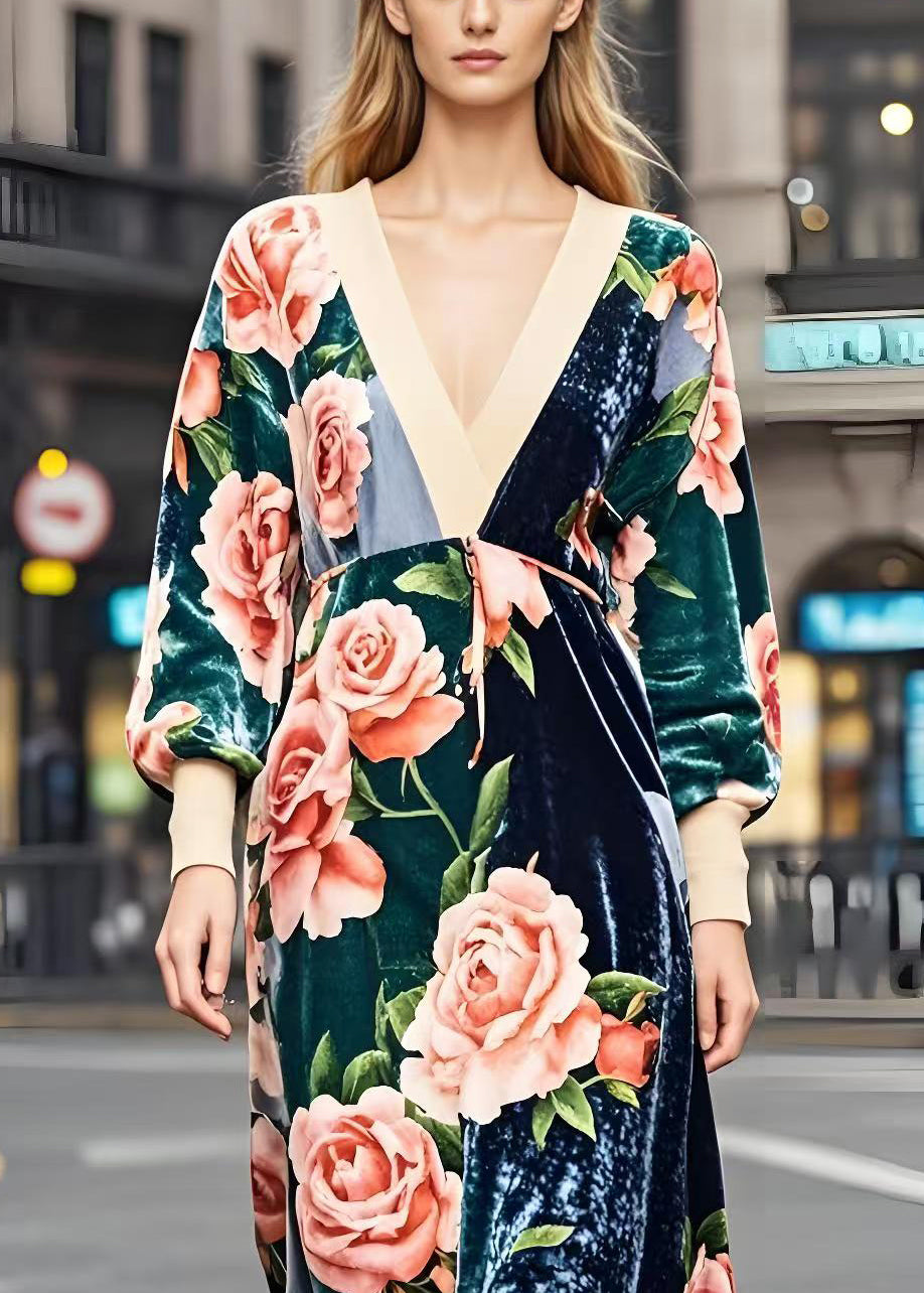 Colorblock V Neck Patchwork Print Silk Velour Dresses Fall