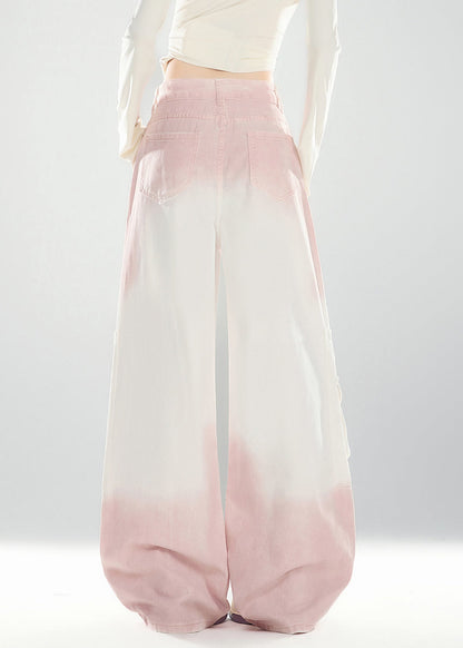 Pink Gradient Color Pockets High Waist Denim Pants Spring