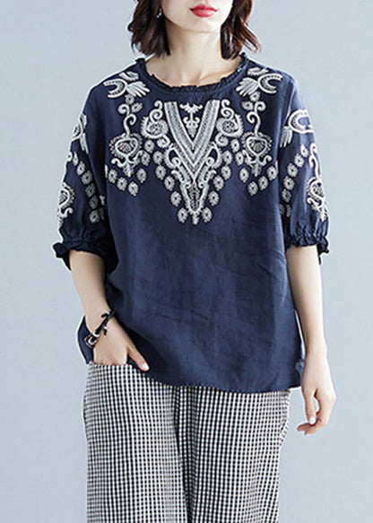 Blue O-neck Cotton Top Short Sleeve