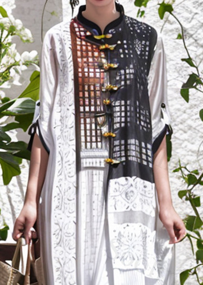 White Asymmetrical Print Silk Shirt Dress Summer