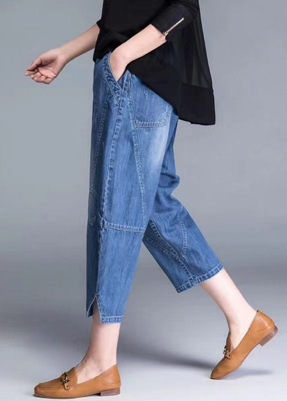 Blue Pockets Patchwork Lantern Fall Denim Pants