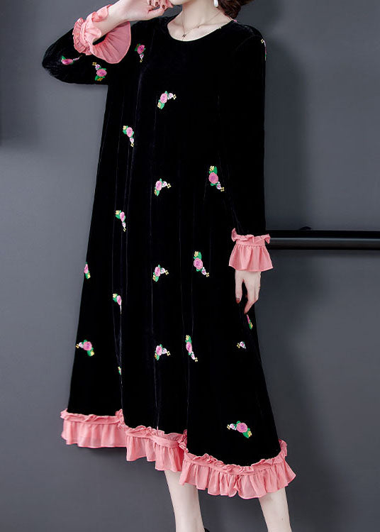 French Black Embroideried Velour Dress Spring