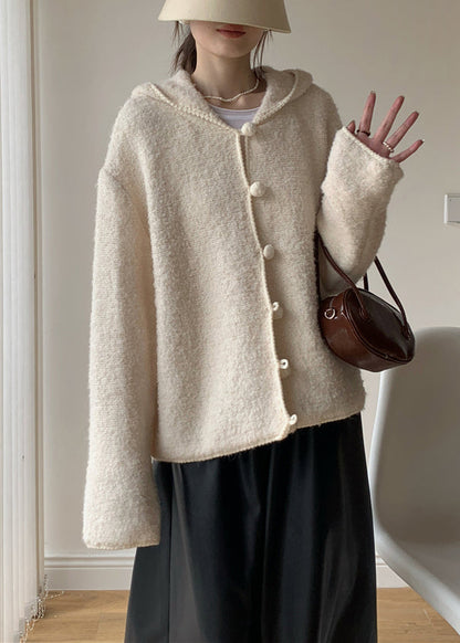 Loose Beige Hooded Button Cotton Knit Coat Winter