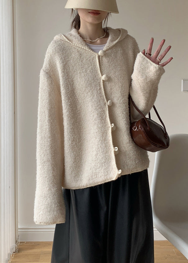 Loose Beige Hooded Button Cotton Knit Coat Winter