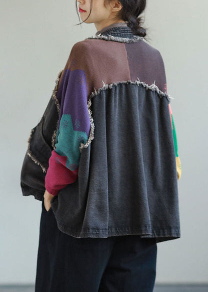 Fitted Black V Neck Pockets Patchwork Denim Coats Spring