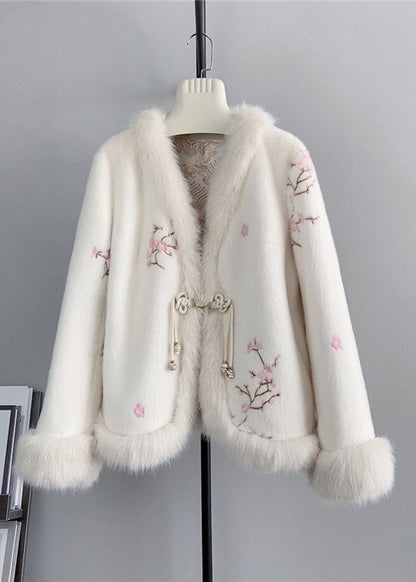Pink V Neck Embroideried Fox Fur Mink Cashmere Coat Winter