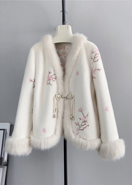 Pink V Neck Embroideried Fox Fur Mink Cashmere Coat Winter