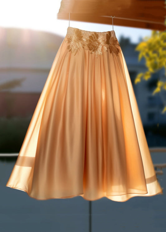 New Orange Embroidered High Waist Silk Skirt Spring