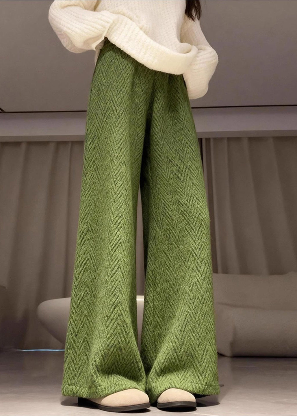 Green Elastic Waist Warm Fleece Straight Pants Spring
