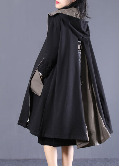 Black Hooded Zip Up Pockets Patchwork Cotton Trench Coats Outwear Fall