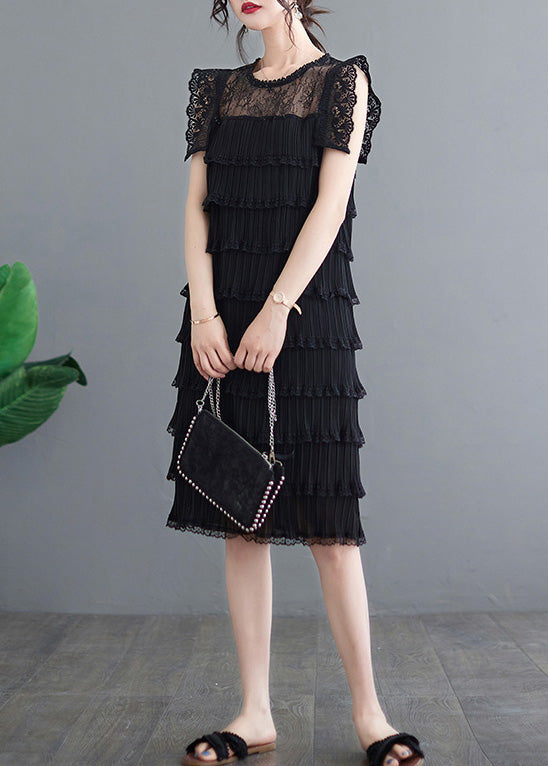 Black O-neck Tulle Patchwork Vacation Long Layered Dresses Summer