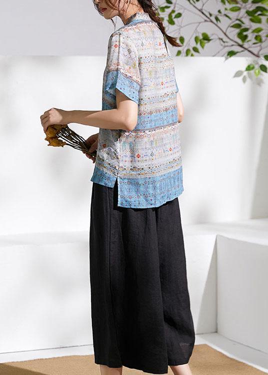 Grey Blue Print Chinese Style Summer Ramie Short Sleeve Shirts