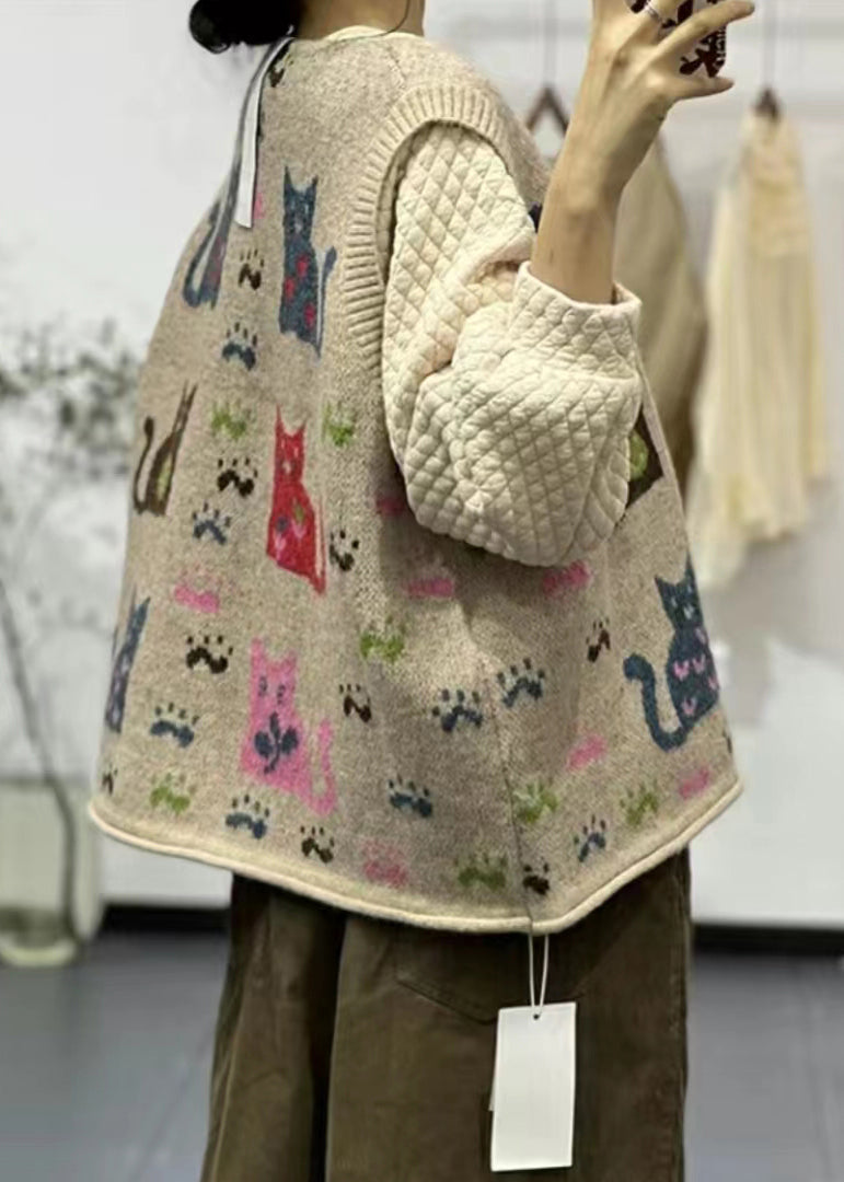 Loose Apricot O Neck Button Animal Print Knit Vest Sleeveless