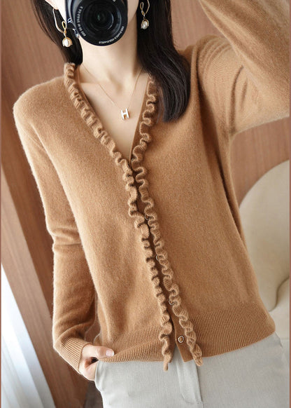 Yellow Camel Colour V Neck Thick Cashmere Knit Cardigans Long Sleeve