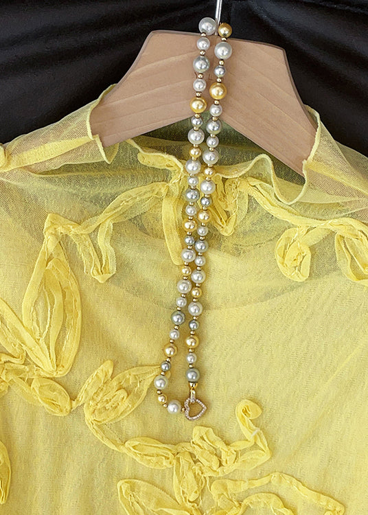 Slim Fit Yellow Embroidered Tulle T Shirt Fall