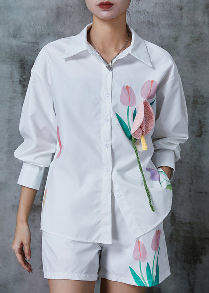 White Print Knit Cotton Two Pieces Set Summer