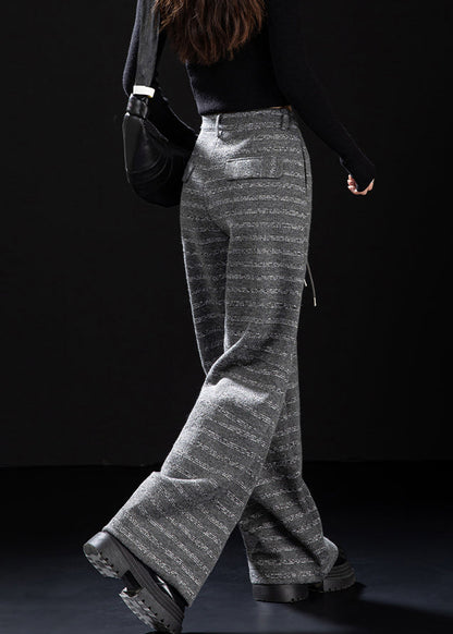 Grey Pockets Striped Woolen Wide Leg Pants Spring
