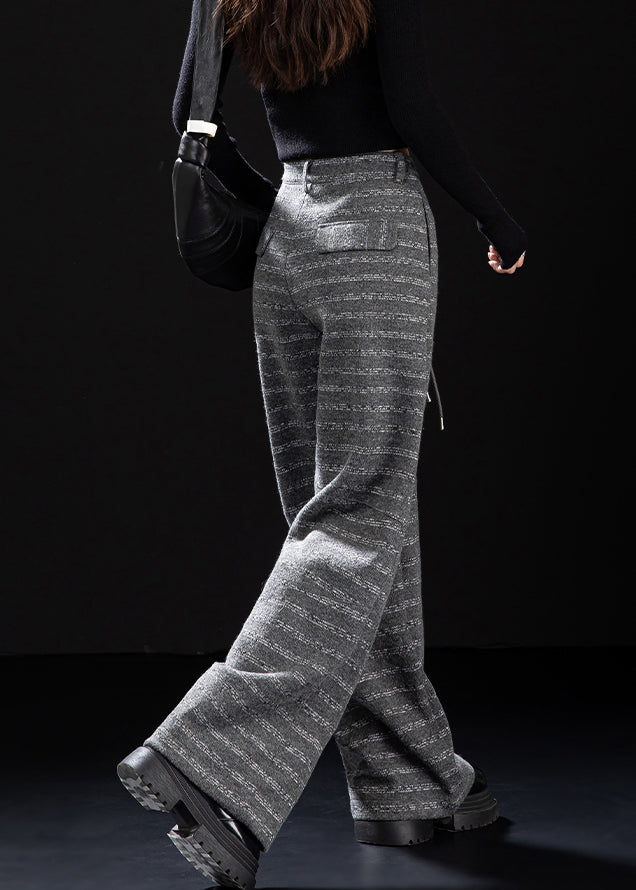 Grey Pockets Striped Woolen Wide Leg Pants Spring