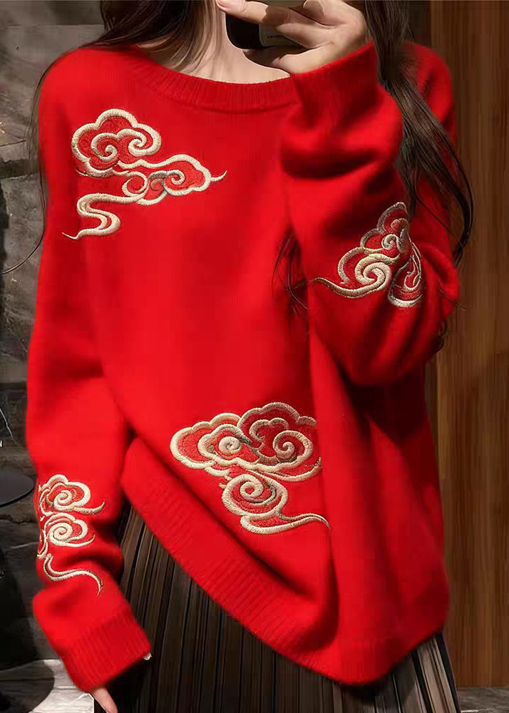 Red O Neck Auspicious Clouds Cozy Knit Sweaters Fall