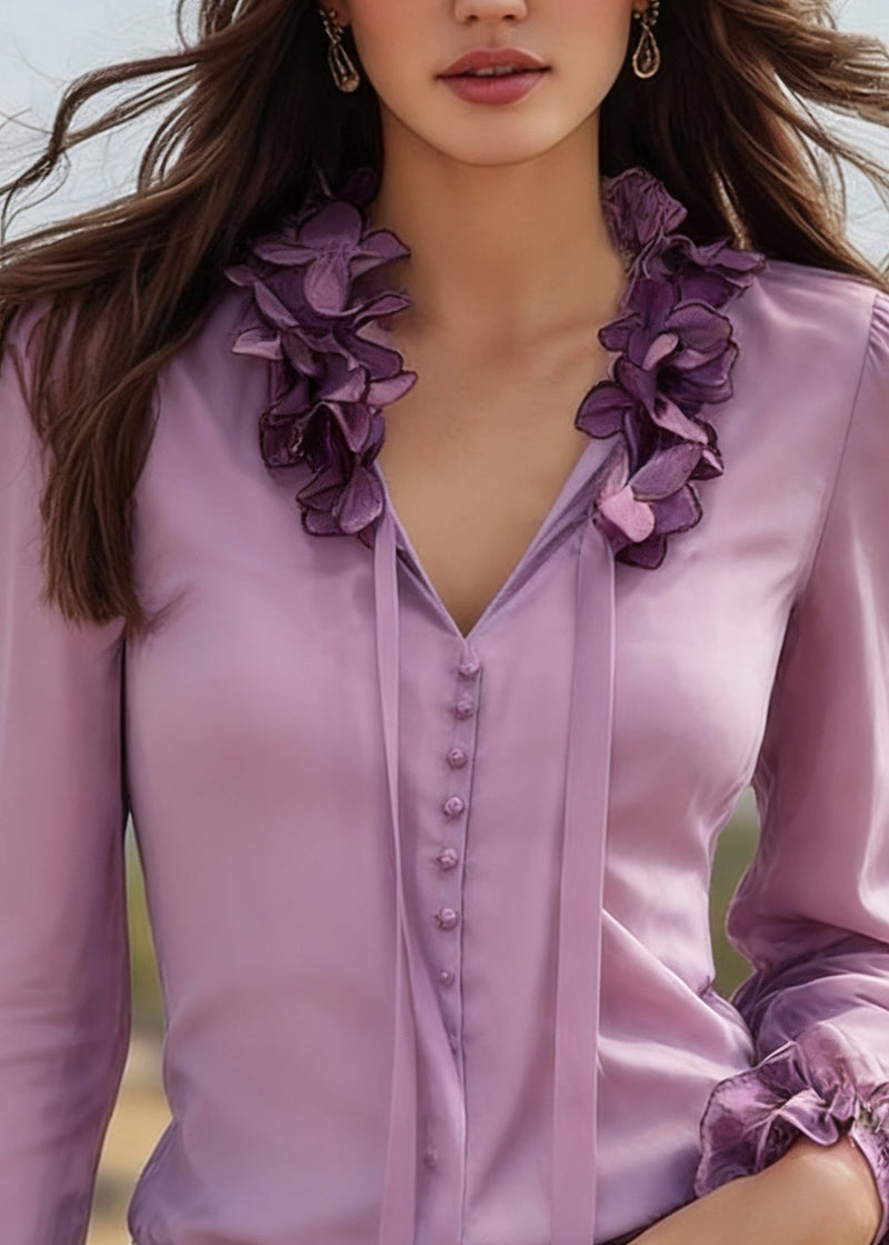 Purple V Neck Tie Lace Silk Top Spring