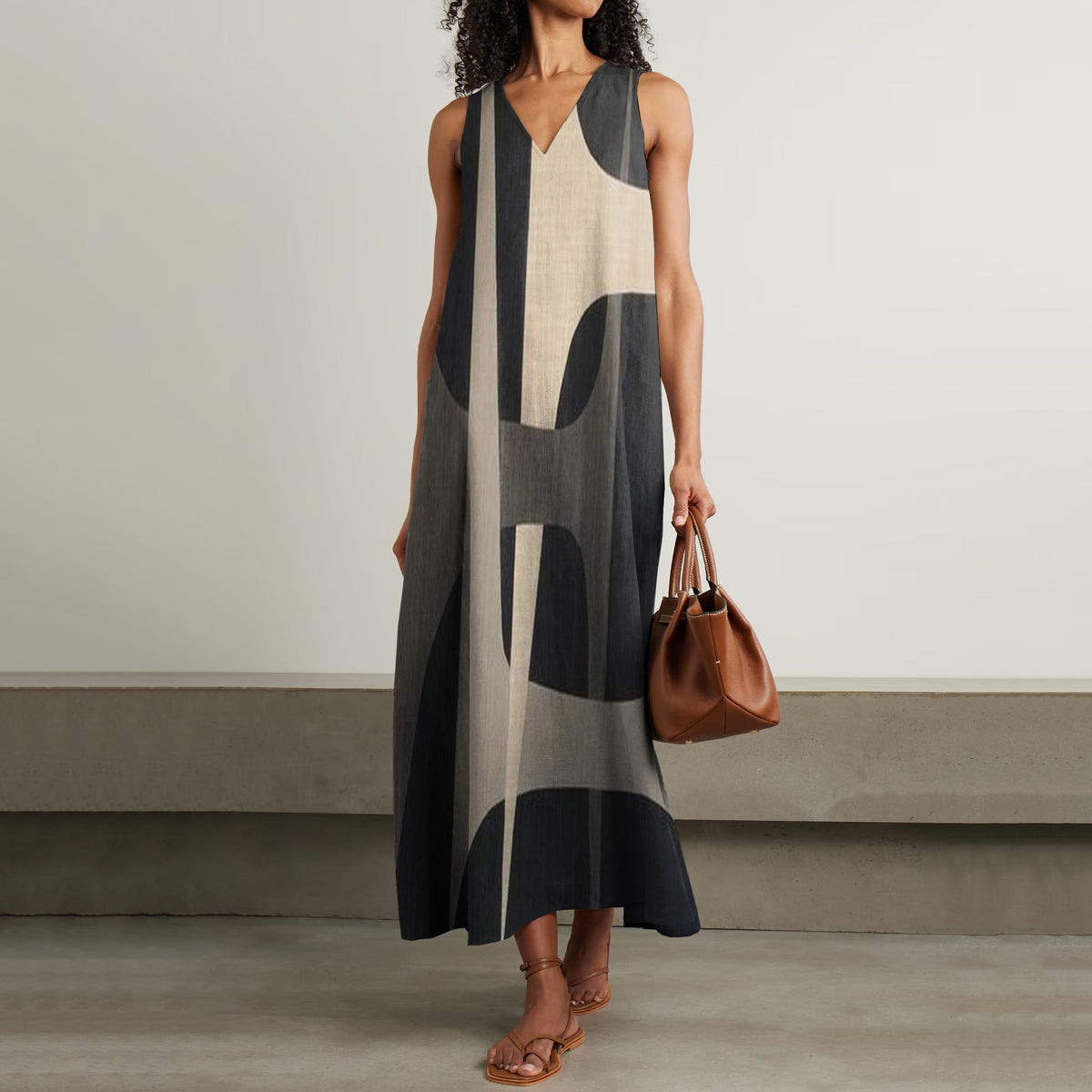 Women's Vintage Geometric Color Contrast Art Sleeveless Dress artswardrobe