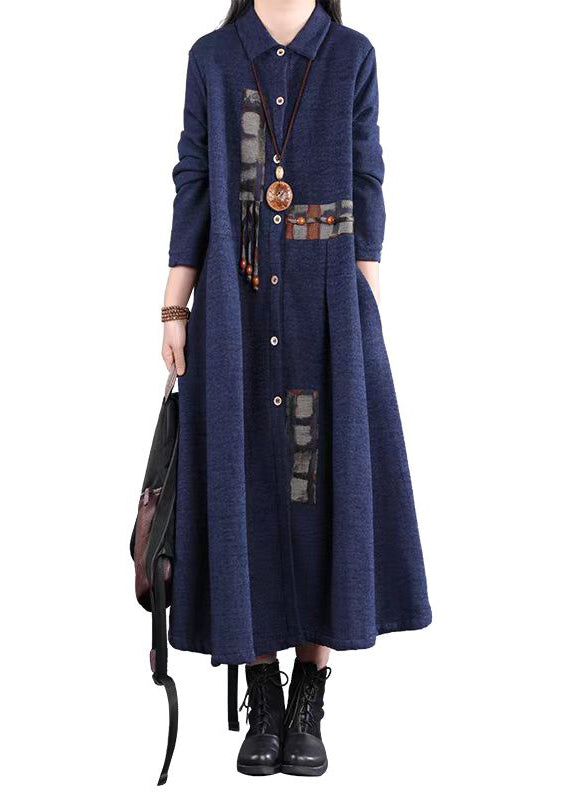 Navy Peter Pan Collar Patchwork Warm Fleece Long Dress Winter