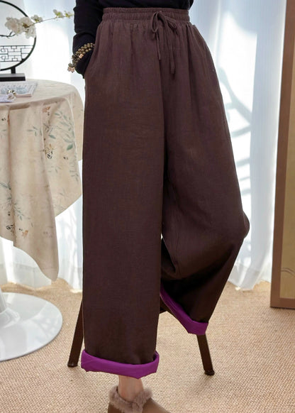 Coffee Pockets Elastic Waist Fine Cotton Filled Pants Winter
